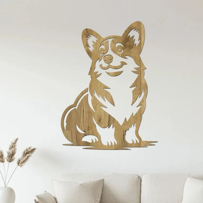 Dřevěný obraz sedícího Corgi 30x40 cm dub zlatý