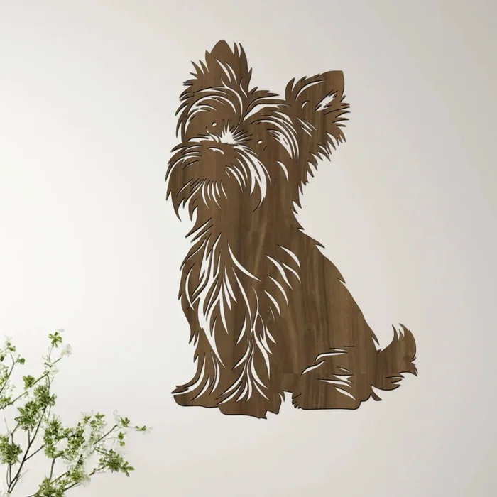 Dřevěný portrét psa Biewer teriér ořech 24x40 cm