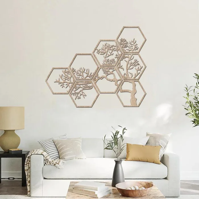 Dřevěný strom na zeď HEXAGON Dub Sonoma 60x48 cm