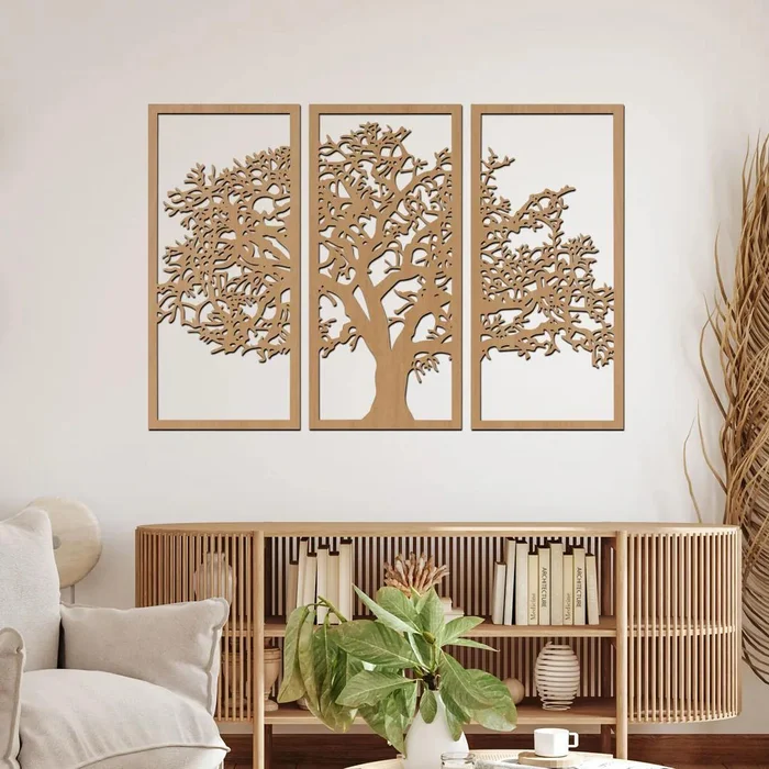 Dřevěný strom XXL 3dílný na zeď s dekorem Buk