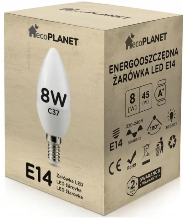ecoPLANET LED žárovka E14 8W svíčka 700lm studená bílá