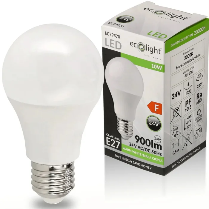 Ekologická LED žárovka E27 - 10W - 24V - 900 lm - Teplá bílá