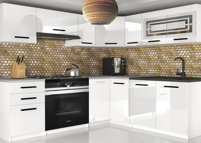 Elegantní kuchyňská sestava Belini 360 cm v bílém lesku s pracovní deskou Lidia2