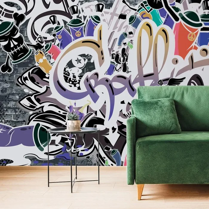 Fialová graffiti tapeta s moderním designem