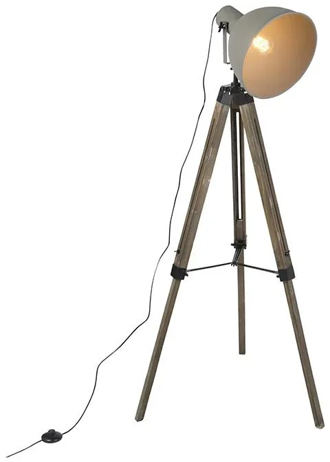 Industriální stojací lampa Laos s dřevěným stativem a šedým stínítkem