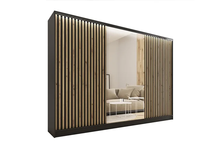 INSULAR 3D 280 cm šatní skříň se zrcadlem, 4 šuplíky a 2 šatními tyčemi, černý mat/dub artisan