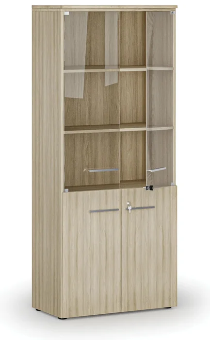 Kancelářská skříň PRIMO WOOD s dřevěnými a skleněnými dveřmi