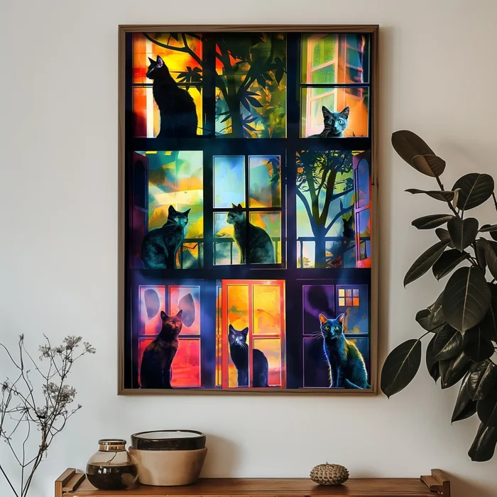 Kočky v oknech – dekorativní obraz 35 × 47 cm