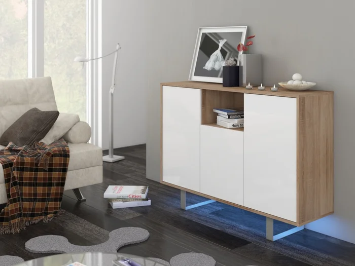Komoda BOKARO 4 dub sonoma/bílý lesk 120 × 90 × 36 cm
