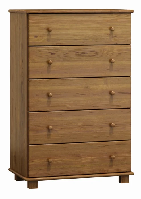 Komoda NEFTYS 11 – masiv borovice, 5 zásuvek, dubové moření, 122×80×42 cm