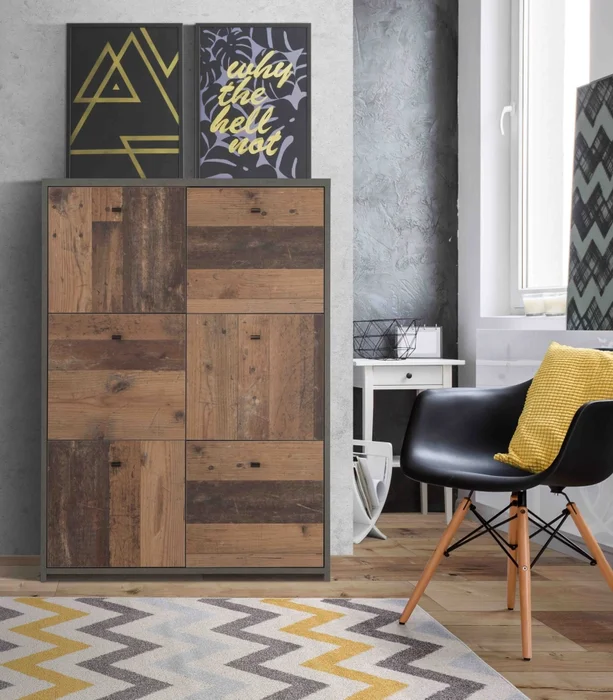 Komoda ROEL 6D – beton tmavě šedý / old wood vintage