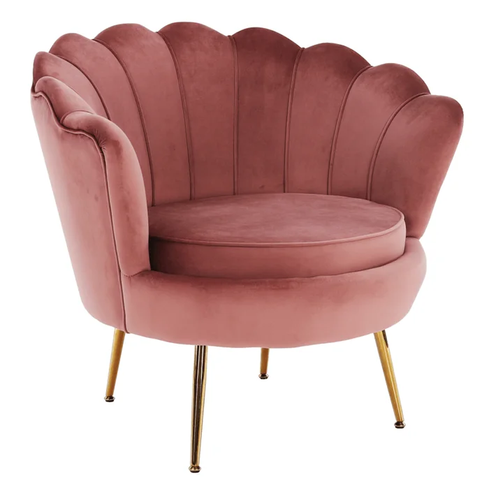 Křeslo Art Deco z růžové Velvet s nohami v zlatém chromu – NOBLIN