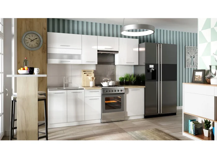 Kuchyně COLBY 180/240 cm – bílý lesk s deskou a sokly