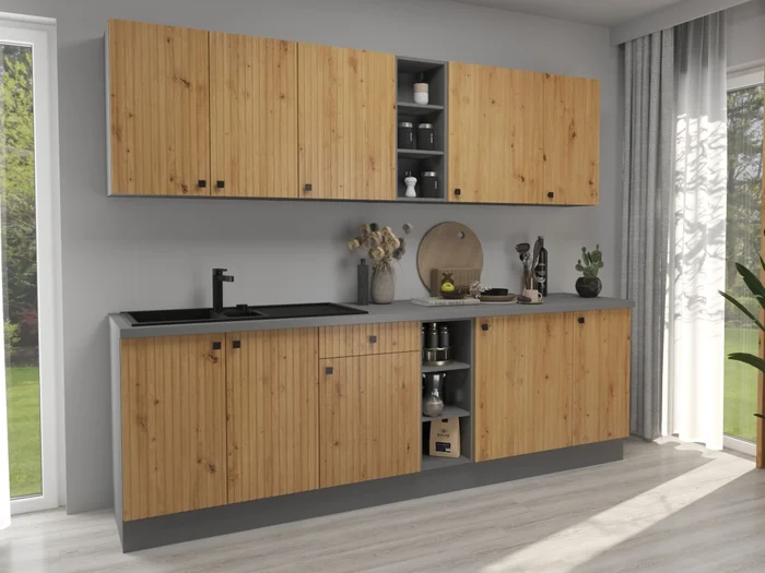 Kuchyně NERITA 260 cm – korpus antracit, dvířka dub artisan
