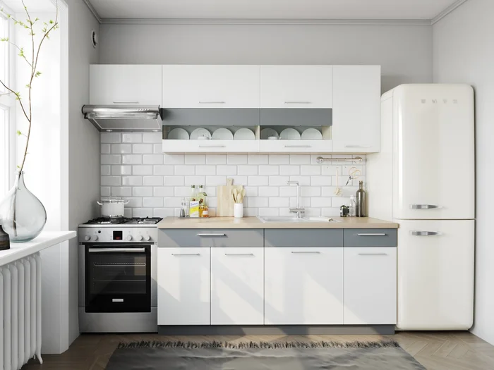 Kuchyně Ruthin 180/240 cm – bílý lesk a grafit mat