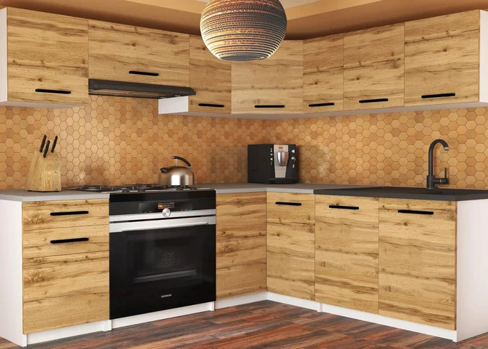 Kuchyňská sestava Belini 360 cm v dekoru dub wotan s pracovní deskou Lidia
