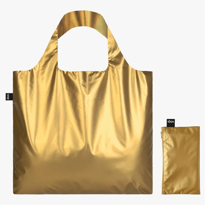 LOQI METALLIC Matt Gold – skládací nákupní taška s taštičkou