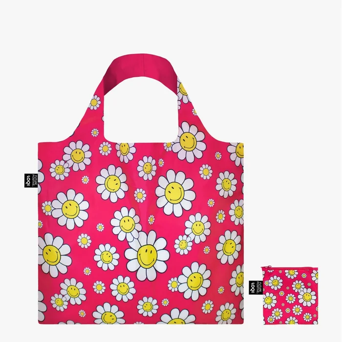 LOQI SMILEY Flowers Raspberry – skládací taška střední velikosti