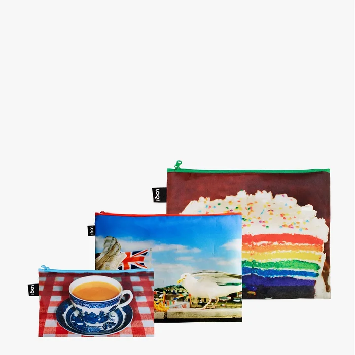 LOQI taštičky na zip – 3 ks motivy Martin Parr: Seagulls, Real Food, England