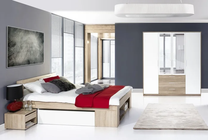 Ložnice LANAI dub sonoma/bílá – postel 140 cm, skříň a noční stolky