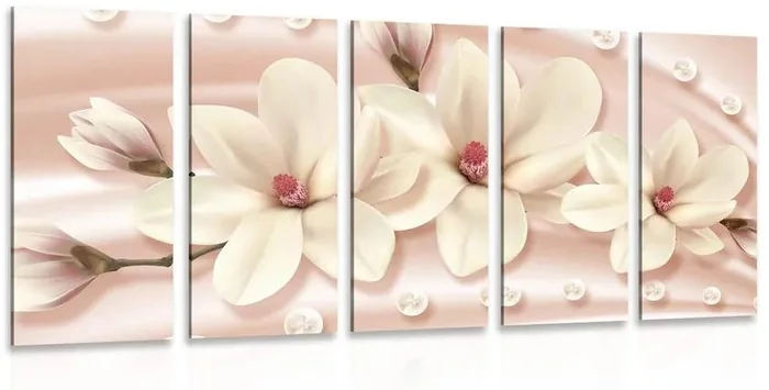 Luxusní 5dílný obraz s magnoliemi a perlami