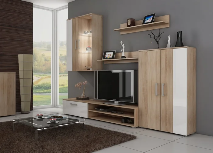 Mangona obývací stěna dub sonoma/bílý lesk – 5 let záruka