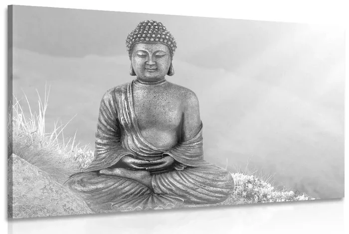 Meditující Buddha na černobílém plátně