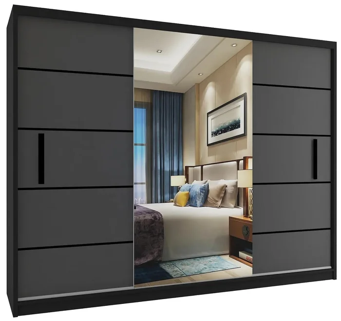 Moderní posuvná skříň Belini 232 cm černá mat / šedá mat s zrcadlem