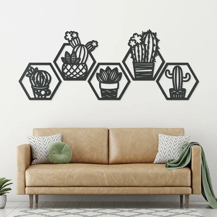 Moderní sada hexagonových obrazů s kaktusy