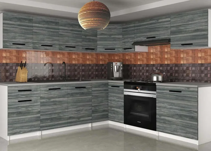 Moderní šedá kuchyňská linka Belini 420 cm s pracovním stolem Glamour Wood