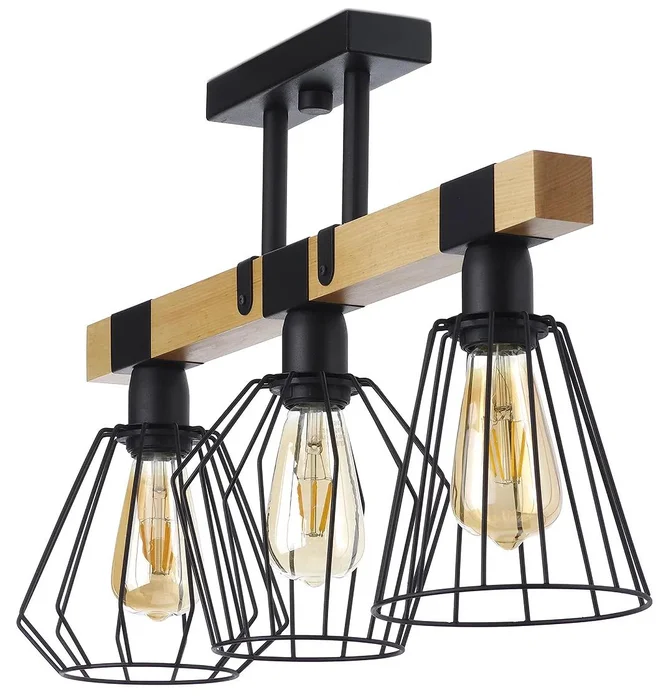 Moderní závěsné svítidlo 'CAMEROON' s černými kovovými prvky a přírodním dřevem, E27, 3x60W