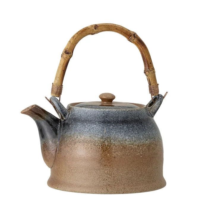 Modrá porcelánová čajová konvice Aura s bambusovou rukojetí