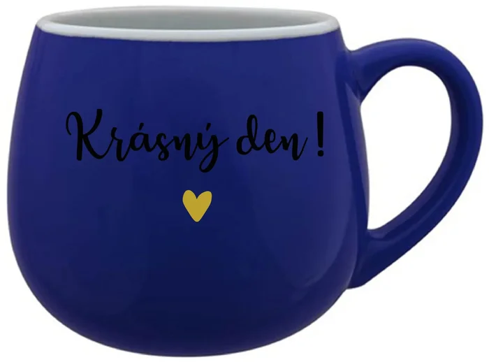 Modrý keramický hrníček 300 ml s nápisem Krásný den!