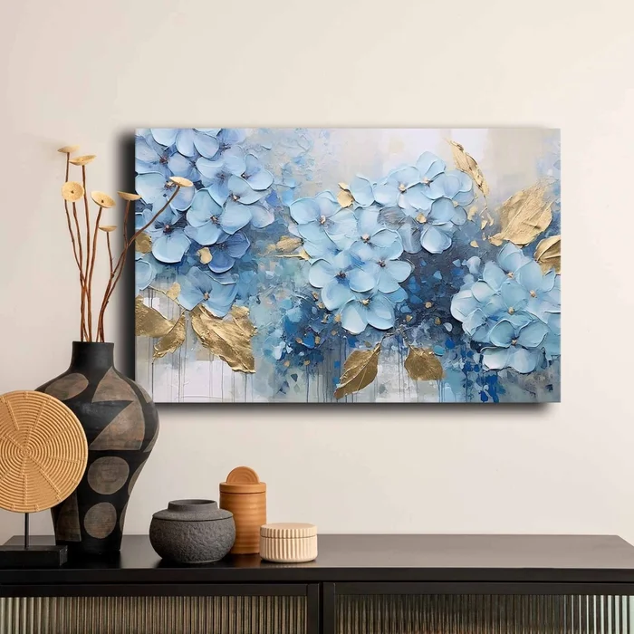 Modrý obraz na plátně s květy 45×70 cm