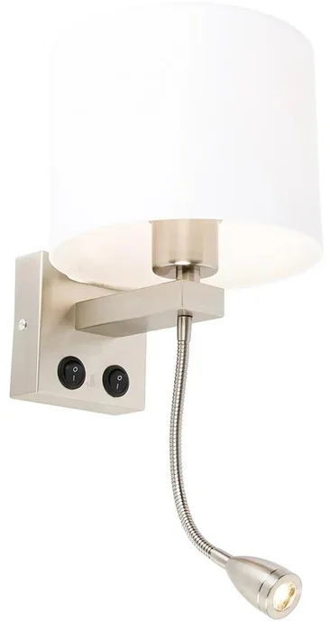 Nástěnná ocelová lampa s flexibilním ramenem a bílým stínítkem