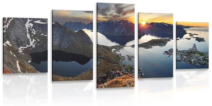 Název: 5-dílné umělecké dílo: Horská panorama při západu slunce