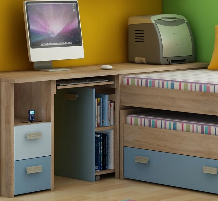 NELLORE 2 – Studentský rohový PC stůl, dub sonoma / modrá, 5 let záruka