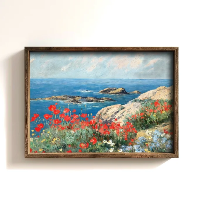 Obraz moře a máků v dřevěném rámu 35 × 47 cm