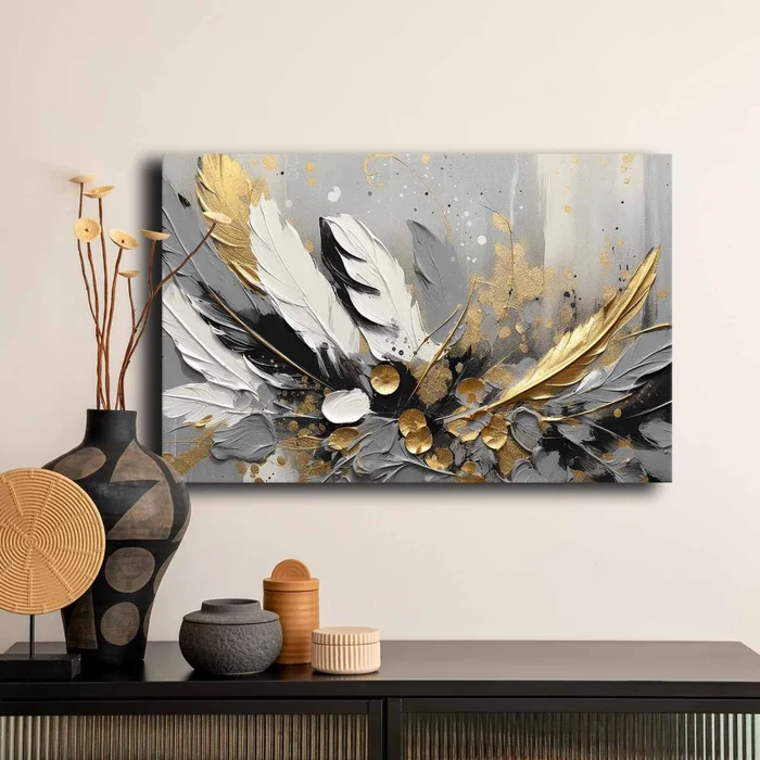 Obraz na plátně se zlatobílým peřím 45×70 cm