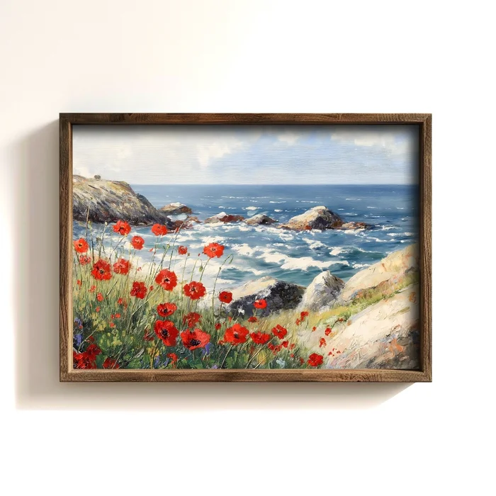 Obraz s motivem mořských vln a máků v dřevěném rámu 35×47 cm