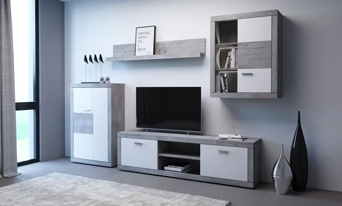 Obývací stěna FINO s LED osvětlením – beton, DOPRODEJ