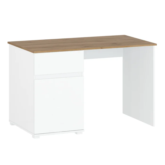 PC stůl 120 cm – 1 zásuvka a 1 skříňka, bílý lesk/dub Wotan, VILGO