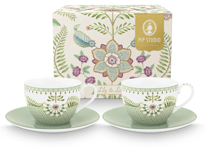 Pip Studio Lily & Lotus Sada 2 Cappuccino Šálků s Podšálky, Zelená