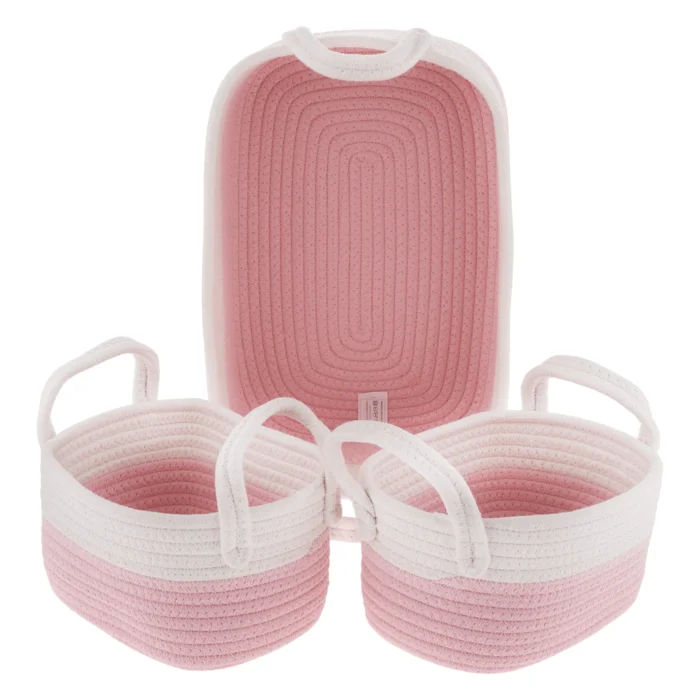 Pletené košíky s oušky – set 3 ks, bílá/růžová