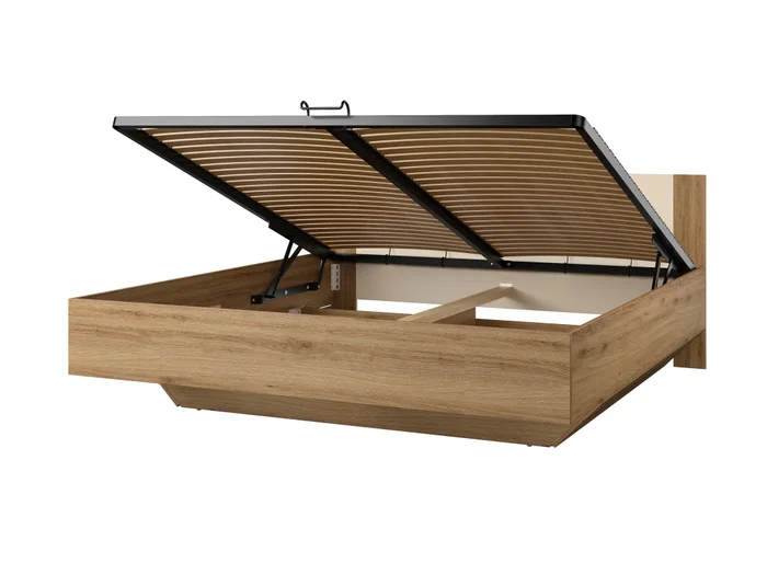 Postel 180x200 cm s roštem a úložným prostorem, dub divoký / béžová