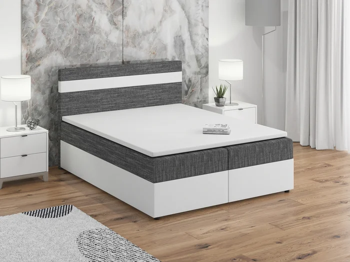Postel boxspring MACAO 160x200 cm – šedá látka a bílá ekokůže