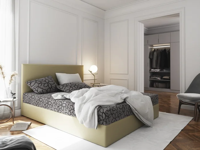 Postel CESMIN 180x200 cm – šedá s vzorem / krémová ekokože