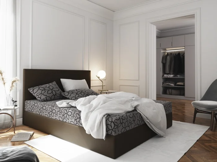 Postel CESMIN 180x200 cm – šedá se vzorem a hnědá ekokůže