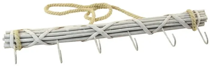 Proutěný závěsný věšák s 6 háčky, bílý, 45 cm