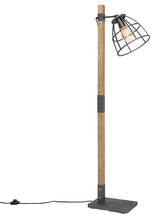 Průmyslová stojací lampa Arthur s dřevem a tmavě šedým kovem
